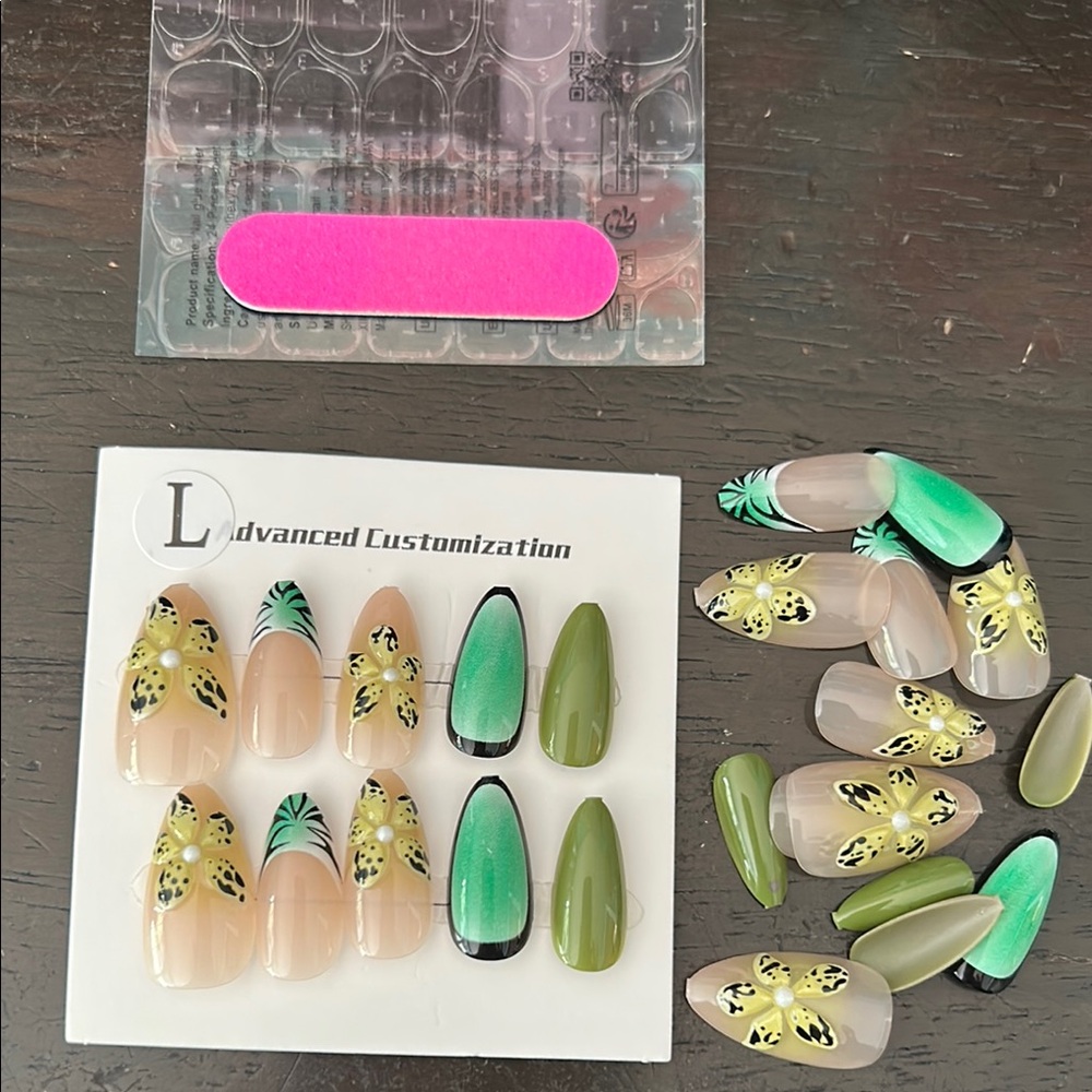 Green and Yellow Floral Press-On Nails
